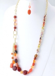 Long Gold with Multi Colored Coral Beaded Stone Chain Link Necklace and Earring Set Fashion Jewelry