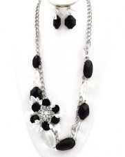 Silver with Clear and Black Jewel Flower Style Necklace and Earring Set Fashion Jewelry