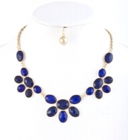 Gorgeous Gold with Navy Blue Jewel Necklace and Earring Set Fashion Jewelry