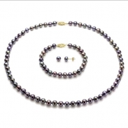 14k Yellow Gold 6-7mm Black Freshwater Pearl Necklace 18 Length with Bracelet 7 and Stud Earring Sets.