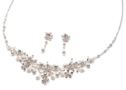 Silver Bridal Jewelry, Floral Design Pearl & Crystal Necklace for Weddings 578 S
