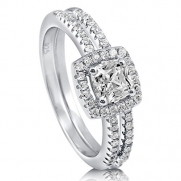 BERRICLE Sterling Silver 0.75 ct.tw Cushion Cubic Zirconia CZ Halo Engagement Wedding Ring Set