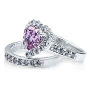 BERRICLE Sterling Silver 2.82 ct.tw Purple Cubic Zirconia CZ Halo Heart Engagement Wedding Ring Set