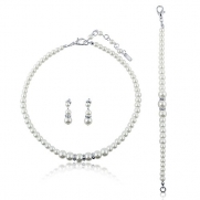 BERRICLE Wedding Bridal white Faux pearl Necklace Earrings Bracelet 3-PCS Set