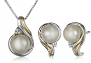 Sterling Silver, 14k Yellow Gold, Freshwater Cultured Pearl, and Diamond Accent Pendant Necklace (18) and Earrings Set
