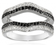 14k White Gold 3/4cttw Black and White Diamond Guard Wedding Band (Fits Round/Princess 3/4-1.50Ct Solitaire), Size 7