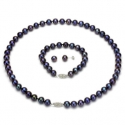 Sterling Silver 8-9mnm Black Freshwater Pearl Necklace 18 Length Sets with Bracelet 7 and Stud Earring