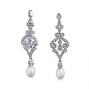Bling Jewelry CZ Pave Simulated Pearl Bridal Chandelier Earrings Rhodium Plated