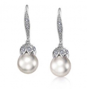 Bling Jewelry Pave Encrusted Crown Faux Pearl Drop Lever back Bridal Earrings