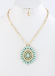 Gold with Turquoise Jewel and Rhinestones Accent Pendant Necklace and Earring Set Fashion Jewelry