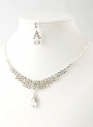 Silver with Clear Crystal Rhinestones Teardrop Necklace and Earring Set Fashion Jewelry