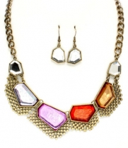 Antique Gold with Multi Colored Jewel Necklace and Earring Set Fashion Jewelry