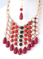 Gold with Red Black and Pink Beaded Bib Link Necklace and Earring Set Fashion Jewelry