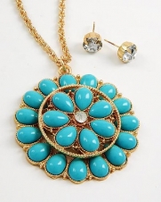 Gorgeous Oversized Gold with Clear Crystal Rhinestone Accent Turquoise Flower Pendant Long Necklace and Earring Set Fashion Jewelry