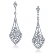 Great Gatsby Bling Jewelry Silver Art Deco Leaves Teardrop Pave Crystal Bridal Chandelier Earrings
