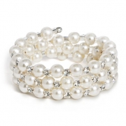 Silver Plated Bridal 3-row Wraparound Faux Pearl Rhinestone Crystal Stretch Bracelet