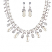 ACCESSORIESFOREVER Bridal Wedding Prom Jewelry Set Necklace Crystal TD Pearl Bib Choker Design Silver