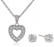 Sterling Silver and Cubic Zirconia Heart Pendant Necklace and Earrings Jewelry Set
