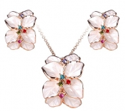 Women`s White Enamel Flower Stud Earrings and Pendant Necklace Jewelry Set