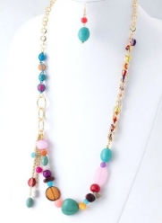Long Goldtone with Multi Colored Turquoise Beaded Chain Link Necklace and Earring Set Fashion Jewelry