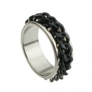 8mm Stainless Steel Cool Mens Ladies Spinner Ring with Black Curb Chain Center